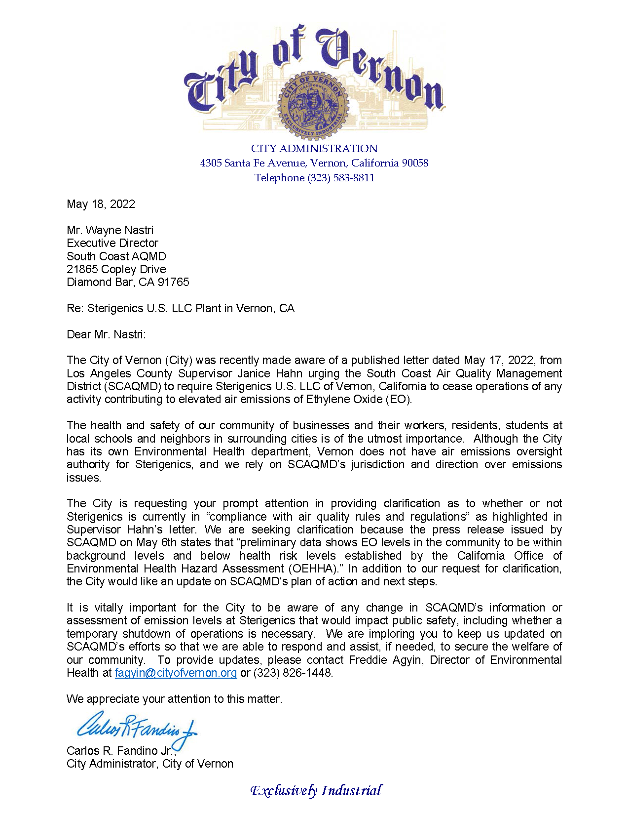 Vernon Letter to AQMD re Sterigenics 5-18-2022